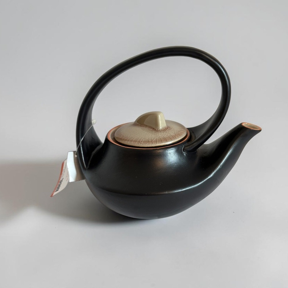 SERRV Matte Black Ceramic Teapot Minimalist Modern Crackle Glaze Lid NWT